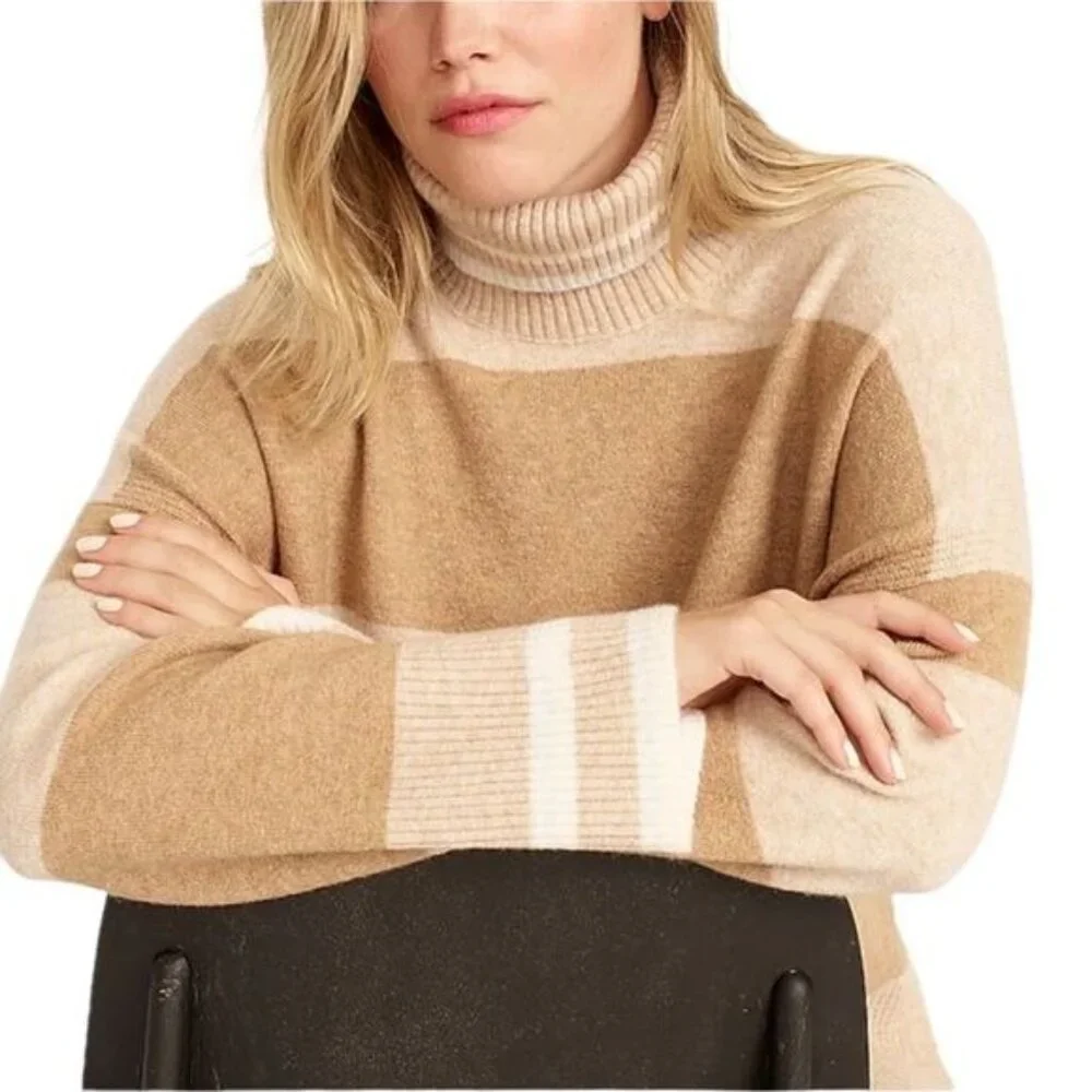J. Crew Striped Turtleneck Sweater Supersoft Yarn Heather Linen Camel NWT